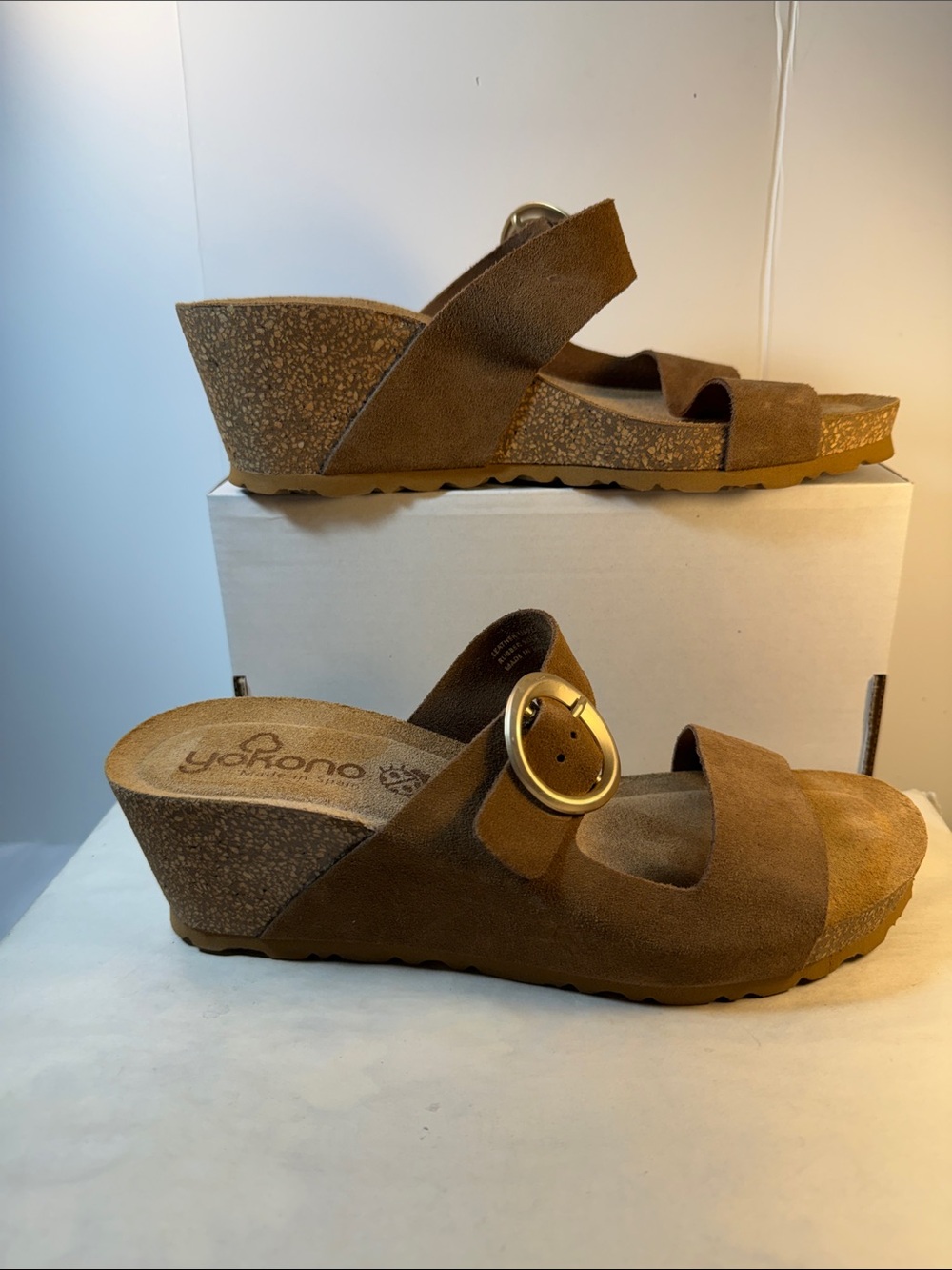 Jokono Brown Suede Wedge Sandals with Buckle
